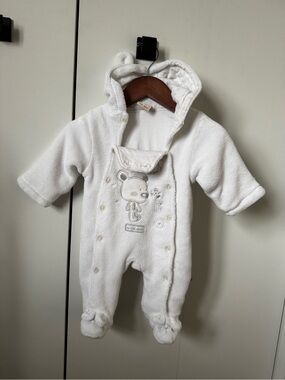 White Teddy Embroidered Hooded Footie One-Piece